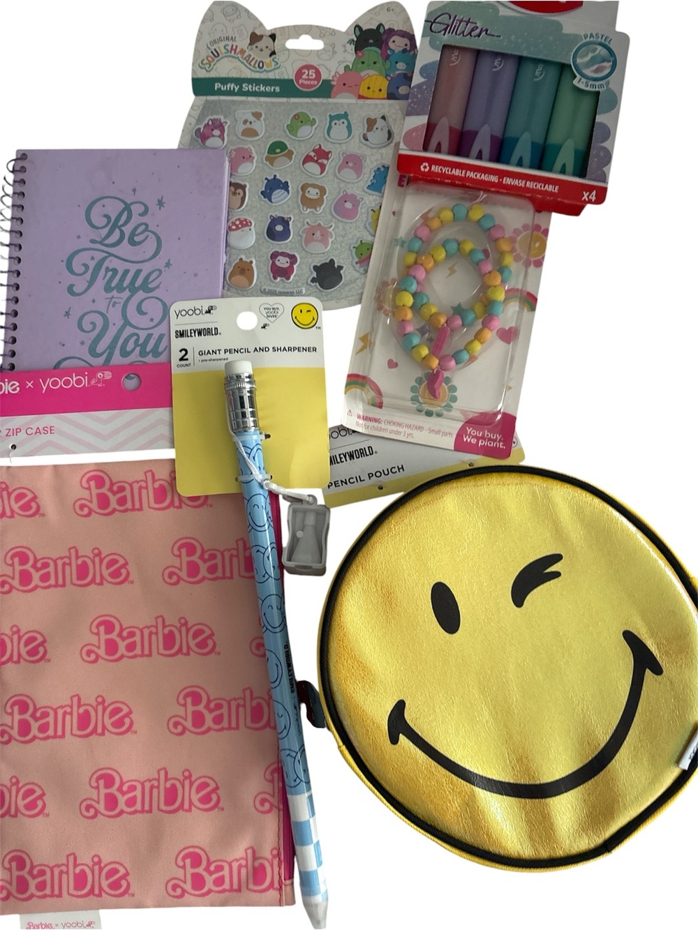 Smiley Face Round Zip Pouch, Barbie zip pouch and other school supplies